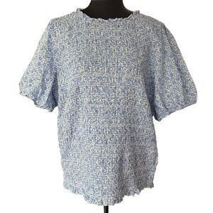 J Crew Liberty Floral Smocked Short Sleeve Blouse Womens 3X Blue Cottagecore